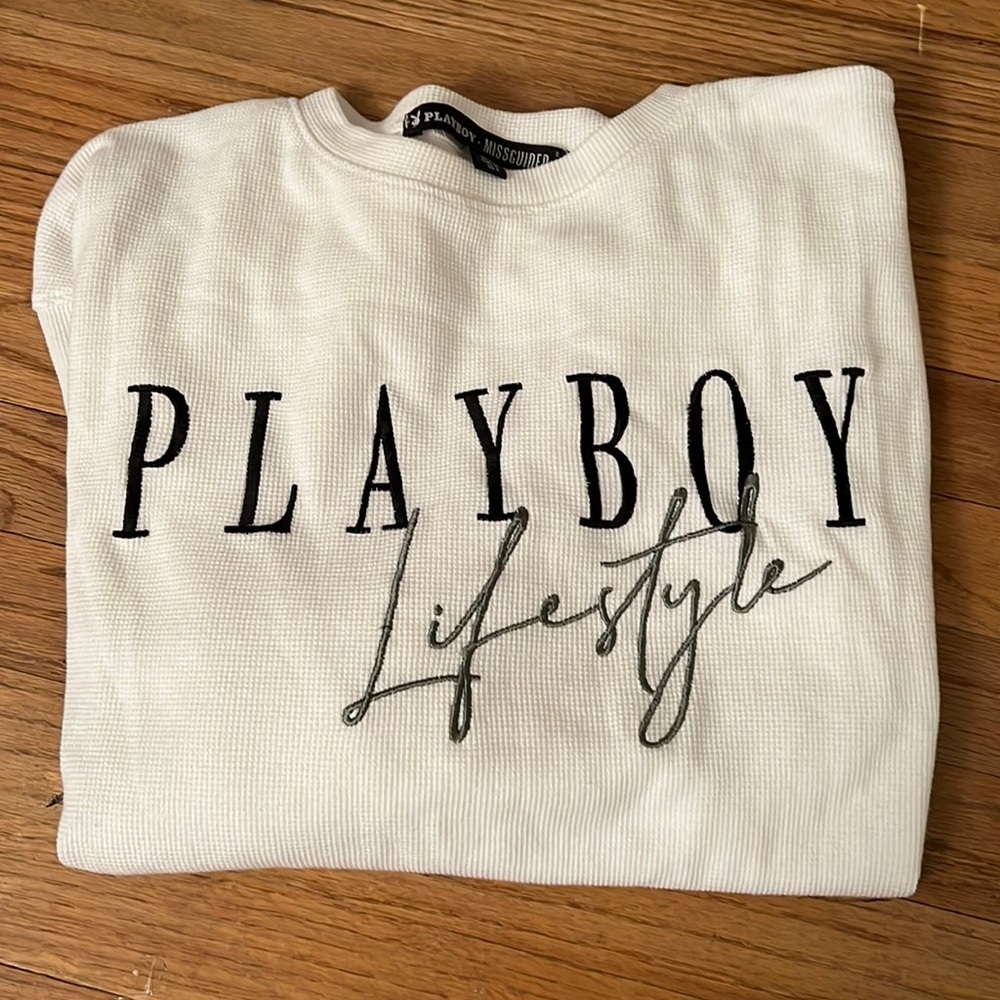 Playboy x Missguided white waffle oversized l/s top